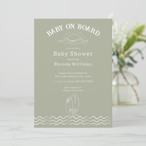 Baby On Board Surfing Green Beach Baby Shower Invitation