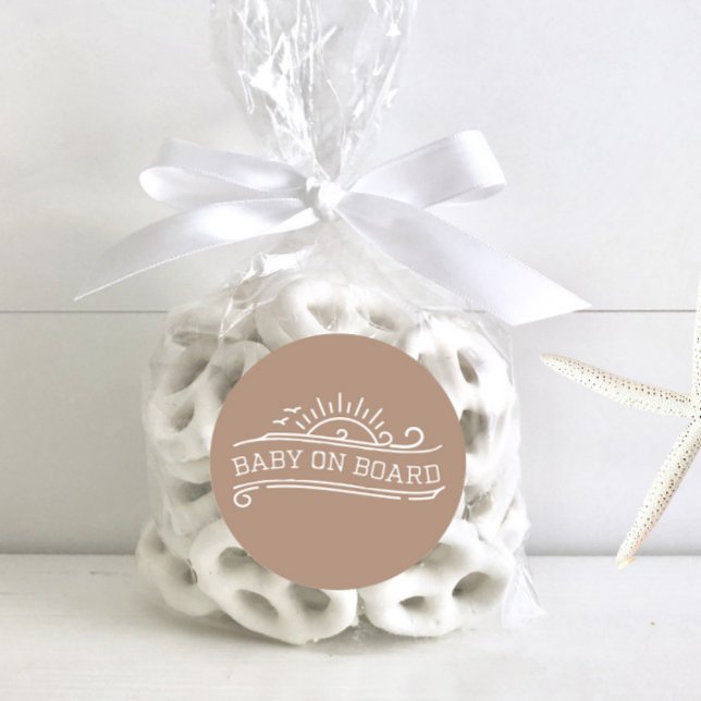 Baby On Board Surfing Neutral Baby Shower Classic Round Sticker (Creator Uploaded)