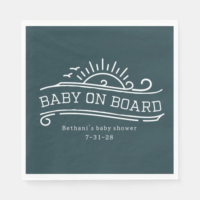 Baby On Board Surfing Slate Blue Baby Shower Napkins (Front)
