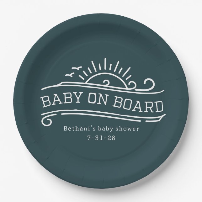 Baby On Board Surfing Slate Blue Baby Shower Paper Plates (Front)