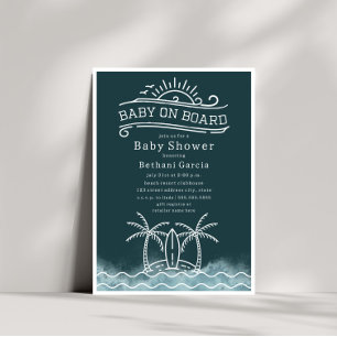 Baby On Board Surfing Slate Blue Beach Baby Shower Invitation