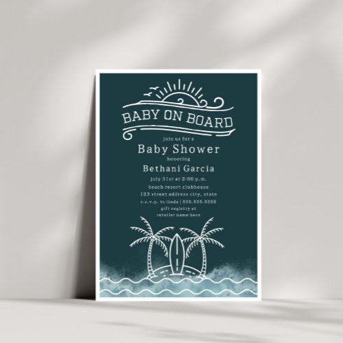 Baby On Board Surfing Slate Blue Beach Baby Shower Invitation