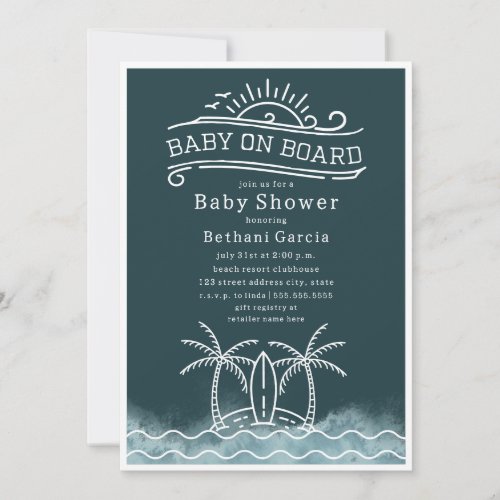 Baby On Board Surfing Slate Blue Beach Baby Shower Invitation