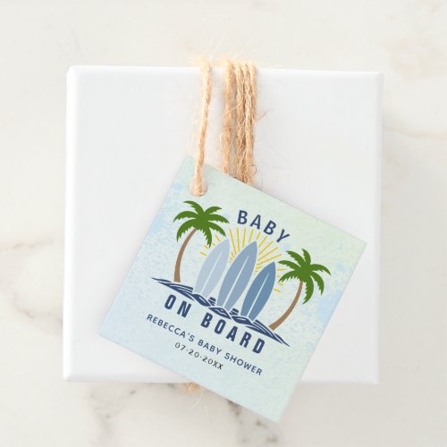 Baby on board surfing splash blue baby boy shower favor tags