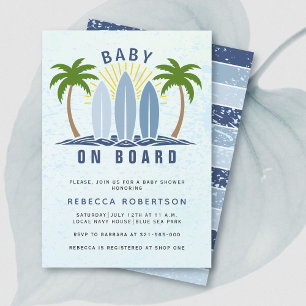 Baby on board surfing splash blue baby boy shower invitation