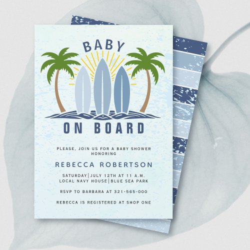 Baby on board surfing splash blue baby boy shower invitation