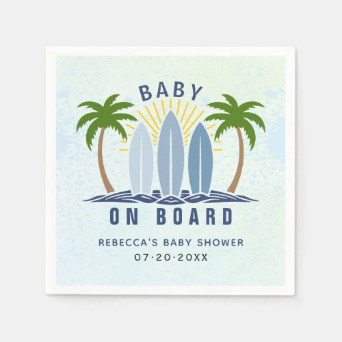 Baby on board surfing splash blue baby boy shower napkins
