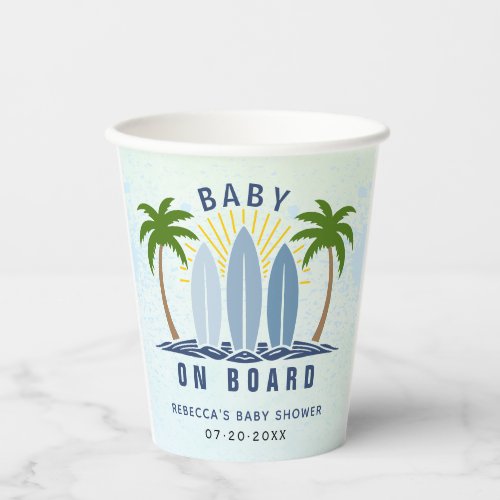 Baby on board surfing splash blue baby boy shower paper cups