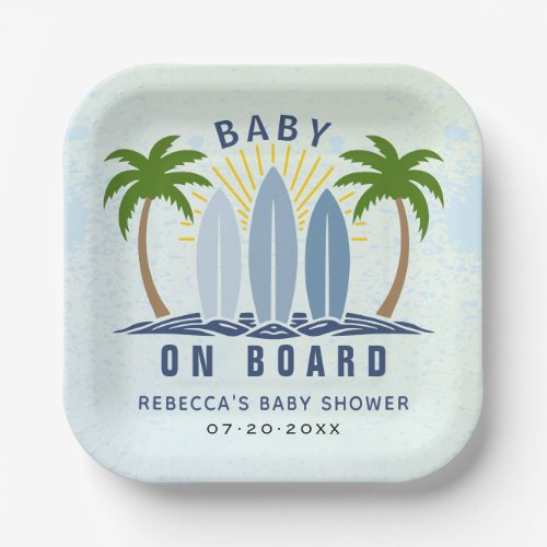 Baby on board surfing splash blue baby boy shower paper plates