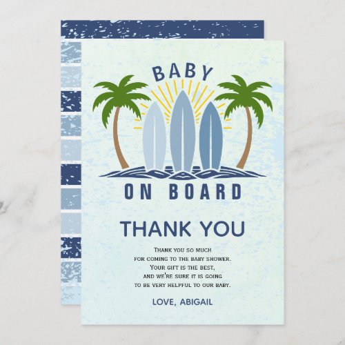 Baby on board surfing splash blue baby boy shower thank you card