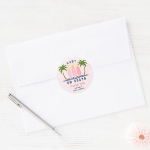 Baby on board surfing splash pink baby girl shower classic round sticker