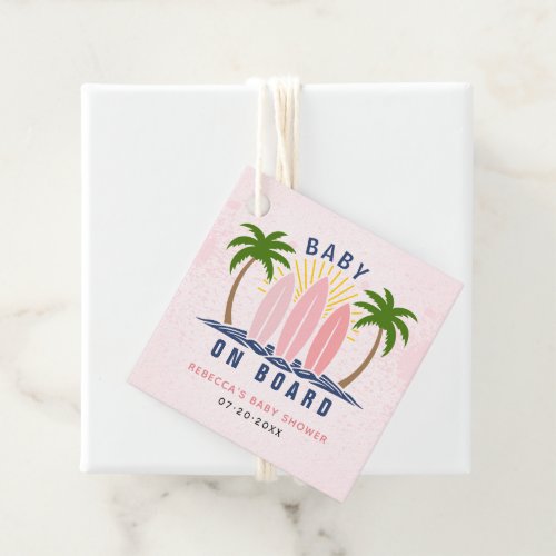 Baby on board surfing splash pink baby girl shower favor tags