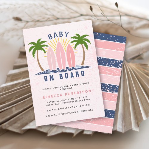 Baby on board surfing splash pink baby girl shower invitation