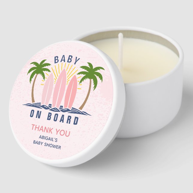 Baby on board surfing splash pink baby girl shower mini candle favors (Corner)