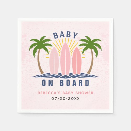 Baby on board surfing splash pink baby girl shower napkins
