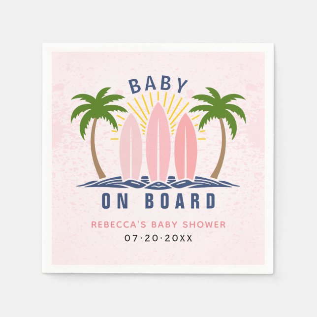 Baby on board surfing splash pink baby girl shower napkins (Front)