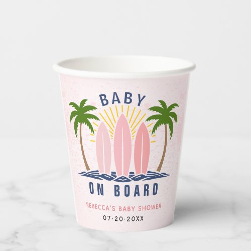 Baby on board surfing splash pink baby girl shower paper cups