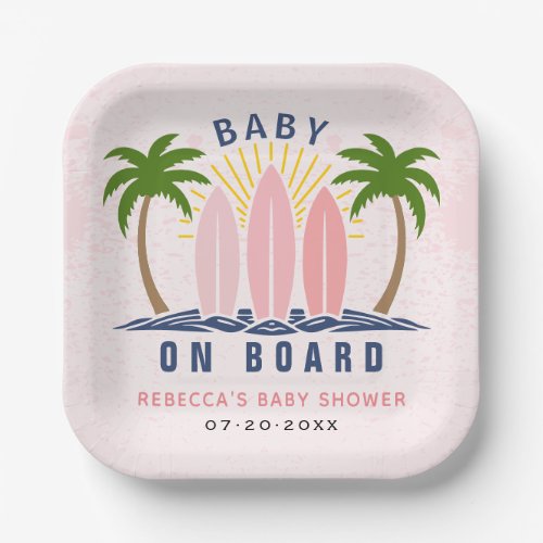 Baby on board surfing splash pink baby girl shower paper plates