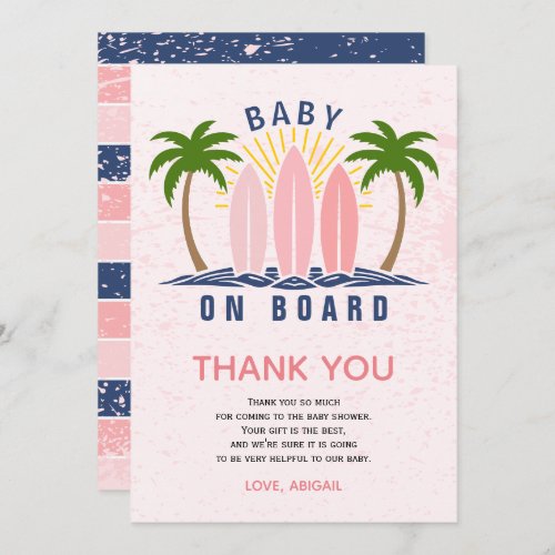 Baby on board surfing splash pink baby girl shower thank you card