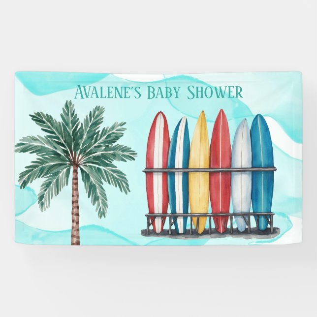 Baby On Board Surfing Teal Baby Shower  Banner (Horizontal)