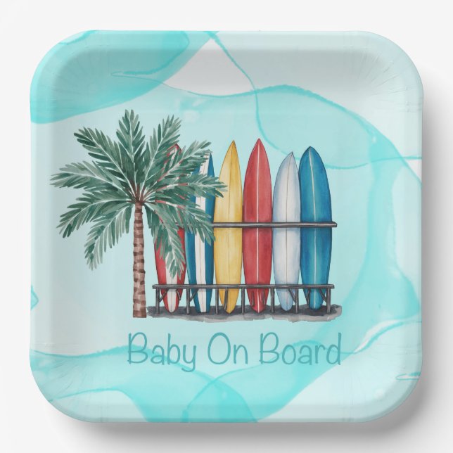 Baby On Board Surfing Teal Baby Shower Paper Plates (Front)