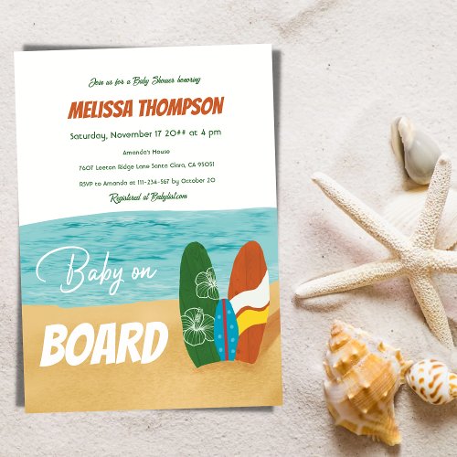 Baby on Board Surfing Tropical Beach Baby Shower Invitation