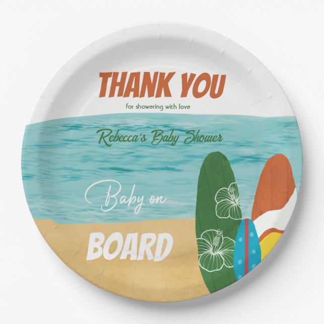 Baby on Board Surfing Tropical Beach Baby Shower Paper Plates (Front)