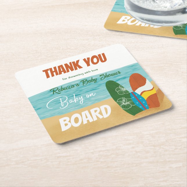 Baby on Board Surfing Tropical Beach Baby Shower Square Paper Coaster (Angled)