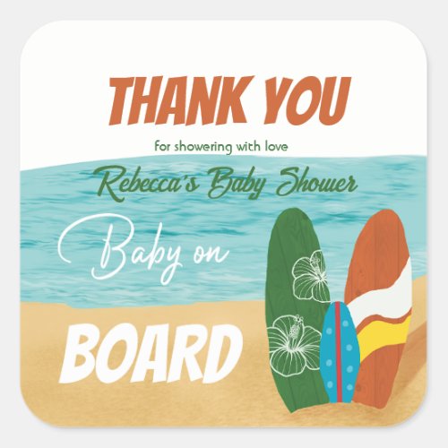 Baby on Board Surfing Tropical Beach Baby Shower Square Sticker