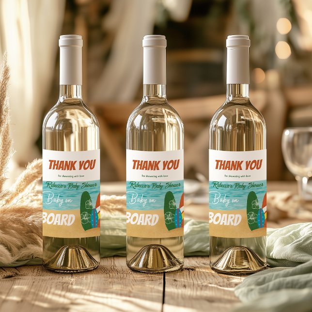 Baby on Board Surfing Tropical Beach Baby Shower Wine Label (Creator Uploaded)
