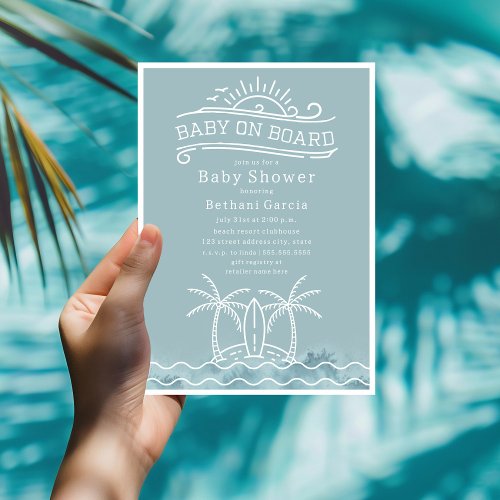 Baby On Board Surfing Waves Blue Baby Shower Invitation