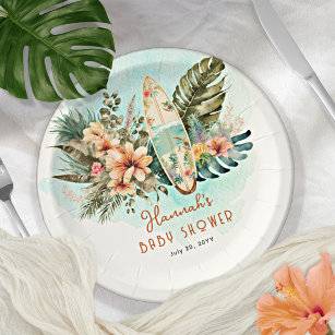 Baby on Board Tropical Surf Neutral Baby Shower Paper Plates