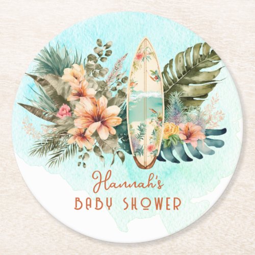 Baby on Board Tropical Surf Neutral Baby Shower Round Paper Coaster