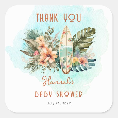 Baby on Board Tropical Surf Neutral Baby Shower Square Sticker