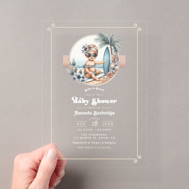Baby on Board Tropical Surf-Themed Baby Shower Acrylic Invitations (Insitu (Handheld))