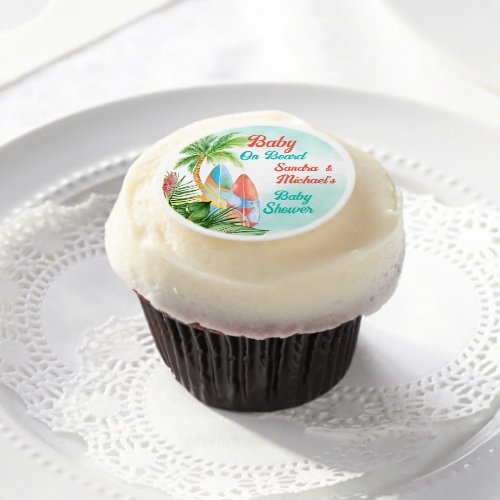 Baby on board tropical surfing baby shower custom edible frosting rounds