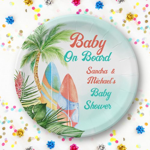 Baby on board tropical surfing baby shower custom paper plates