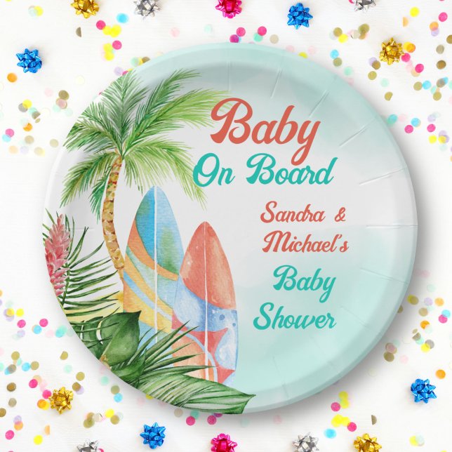 Baby on board tropical surfing baby shower custom paper plates (Creator Uploaded)
