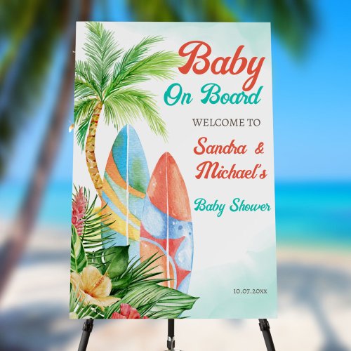 Baby on board tropical surfing baby shower welcome