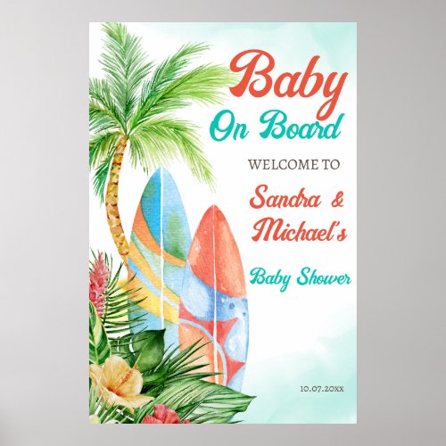 Baby on board tropical surfing baby shower welcome poster