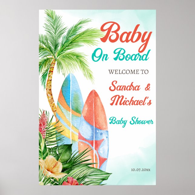 Baby on board tropical surfing baby shower welcome poster (Front)