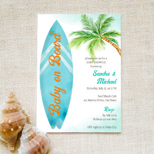 Baby on board tropical surfing beach baby shower invitation