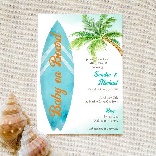 Baby on board tropical surfing beach baby shower invitation