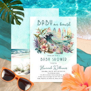 Baby on Board Tropical Surfing Floral Baby Shower Invitation