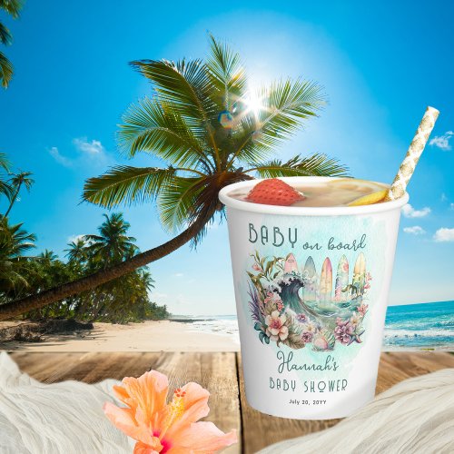 Baby on Board Tropical Surfing Floral Baby Shower Paper Cups