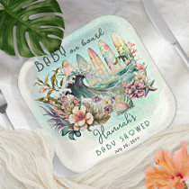 Baby on Board Tropical Surfing Floral Baby Shower Paper Plates
