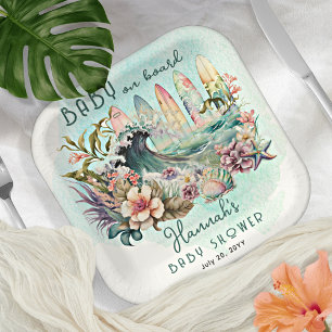 Baby on Board Tropical Surfing Floral Baby Shower Paper Plates