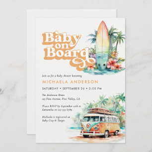 Baby On Board Watercolor Beach Surf Baby Shower Invitation