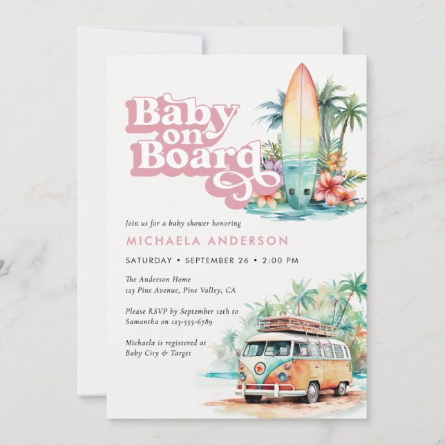Baby On Board Watercolor Beach Surf Baby Shower Invitation (Front)