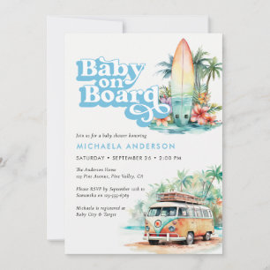 Baby On Board Watercolor Beach Surf Baby Shower Invitation